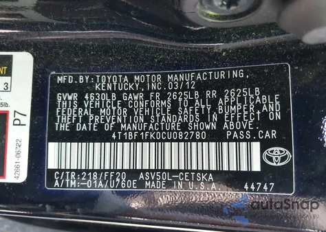 2012 Toyota Camry Se из США, поврежденный, VIN 4T1BF1FK0CU082780